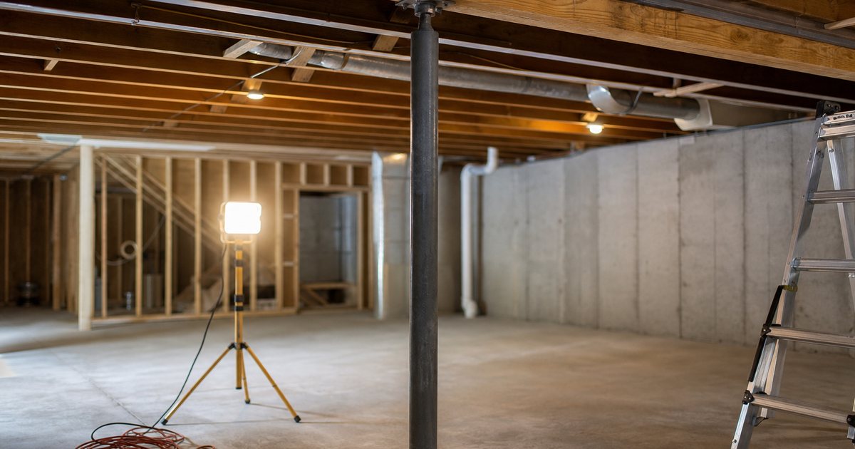 Unfinished basement ceiling viewed from below, exposed wooden floor joists running overhead, a steel adjustable support column resting on a bare concrete floor, warm work light on a tripod, a stepladder and coiled extension cord to one side