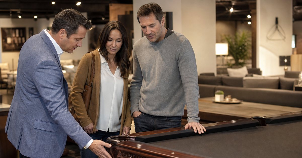 A couple standing in a bright furniture showroom beside a richly carved mahogany pool table, the man resting a hand on the rail while a salesman in a tailored jacket gestures toward the leather pockets