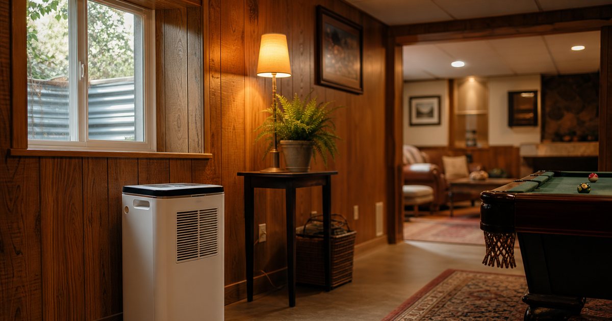 A wood paneled basement game room in warm lamplight, a portable dehumidifier standing beside a wool rug, a brass floor register, a potted fern on a side table, soft daylight falling through a window well