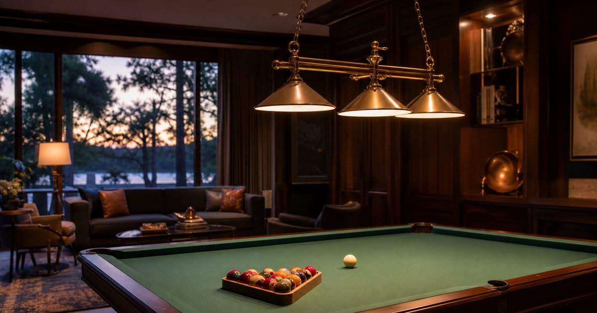 An elegant wood-paneled game room at dusk with a long brass three-shade pendant hanging low over a walnut billiard table, colored balls racked on green cloth, warm light pooling on the playing surface