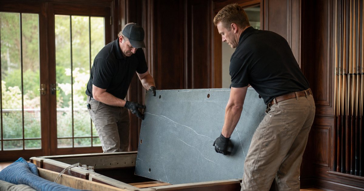 Two movers in work gloves carefully lifting a large slab of slate on edge from a hardwood billiard table frame in a paneled game room, moving blankets and a wooden crate beside them