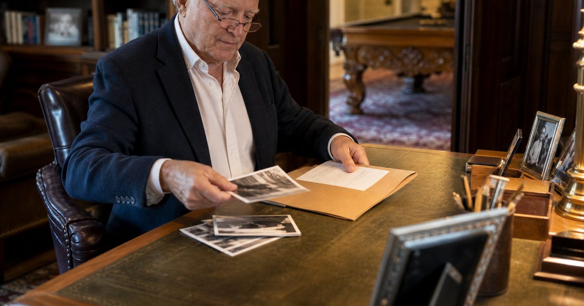 An older man at a leather-topped desk in a library placing photographs and an invoice into a folder, an ornate carved billiard table visible through the open door behind him, warm lamplight