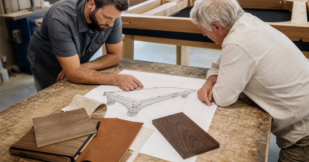 A woodworker and a client leaning over a workbench in a bright cabinetry shop, reviewing a large paper drawing of a billiard table, wood samples and a leather swatch laid out beside them, a partly built table frame in the background