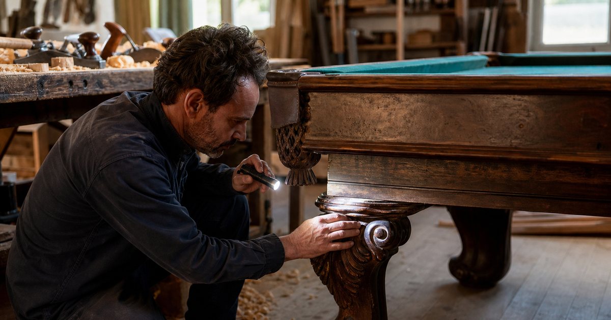 A craftsman in a sunlit woodworking shop kneeling beside a weathered antique billiard table, inspecting a carved hardwood leg with a small flashlight, wood shavings and hand planes on a workbench behind him